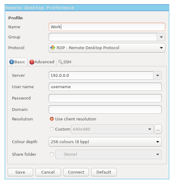 setting up remmina connection dialog
